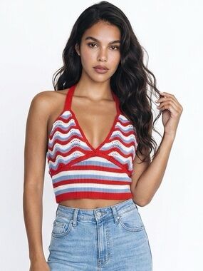 Madden Girl Red, White & Blue Striped Knit V-Neck Cropped Camisole